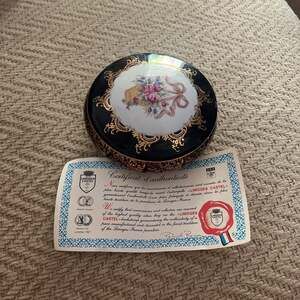 Vintage Limoges Castel 22K Gold Cobalt Blue Oval Trinket Box Courting Couple